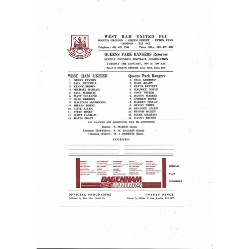 West Ham United v Queens Park Rangers Football Combination Programme 1993/94