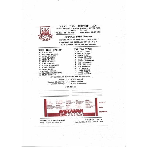 West Ham United v Swindon Town Football Combination Programme 1993/94