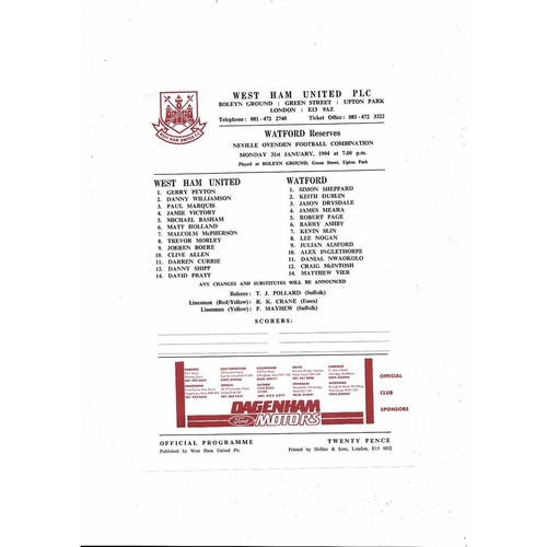West Ham United v Watford Football Combination Programme 1993/94