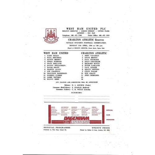 West Ham United v Charlton Athletic Football Combination Programme 1993/94
