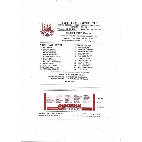 West Ham United v Ipswich Town Football Combination Programme 1993/94