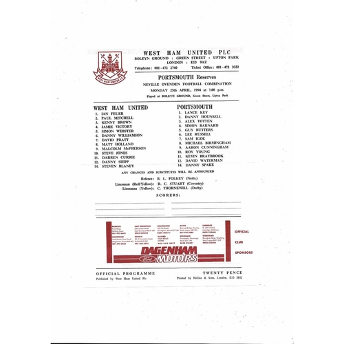 West Ham United v Portsmouth Football Combination Programme 1993/94