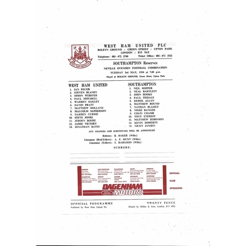 West Ham United v Southampton Football Combination Programme 1993/94
