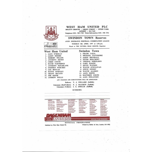 West Ham United v Swindon Town Football Combination Programme 1996/97