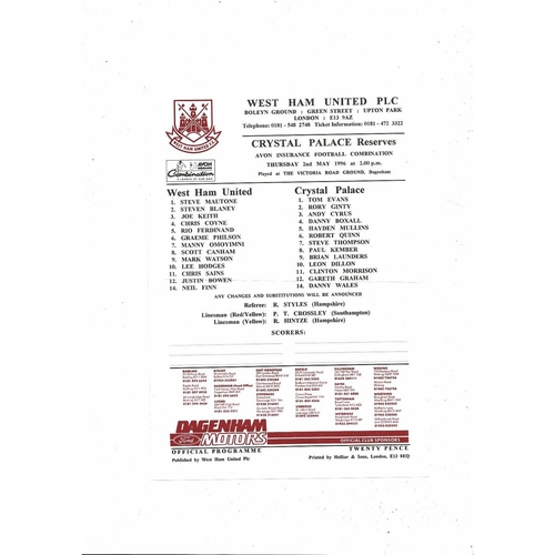 West Ham United v Crystal Palace Football Combination Programme 1995/96