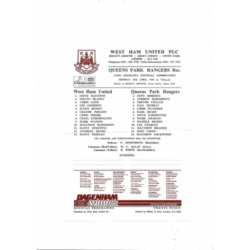West Ham United v Queens Park Rangers Football Combination Programme 1995/96