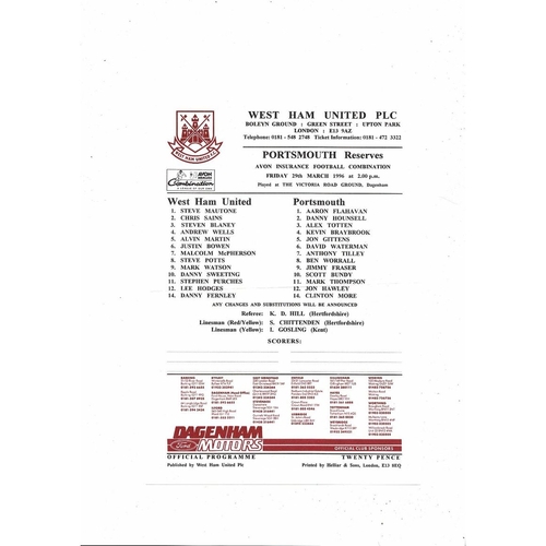 West Ham United v Portsmouth Football Combination Programme 1995/96