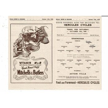 1944/45 Aston Villa v Birmingham City Football Programme Oct.