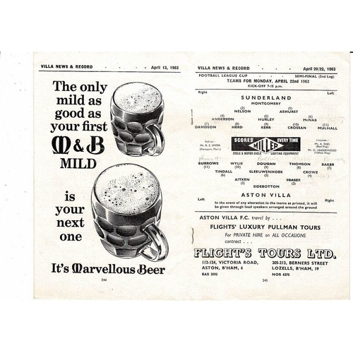 1962/63 Aston Villa v Sunderland League Cup Semi Final Football Programme