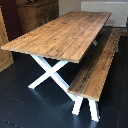 White metal cross leg table and bench
