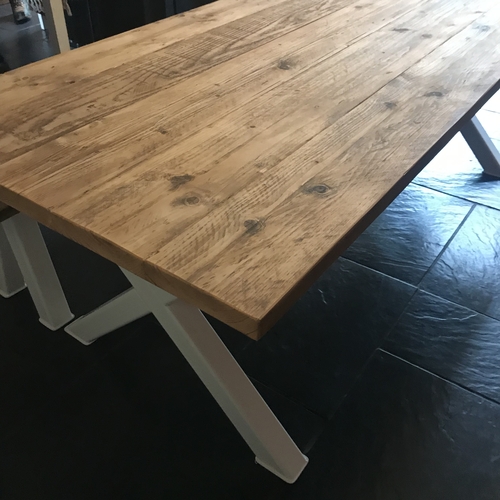 White metal cross leg table and bench