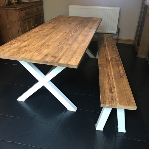 White metal cross leg table and bench