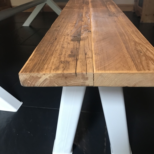 White metal cross leg table and bench