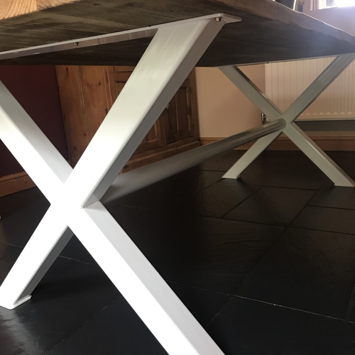 White metal cross leg table and bench