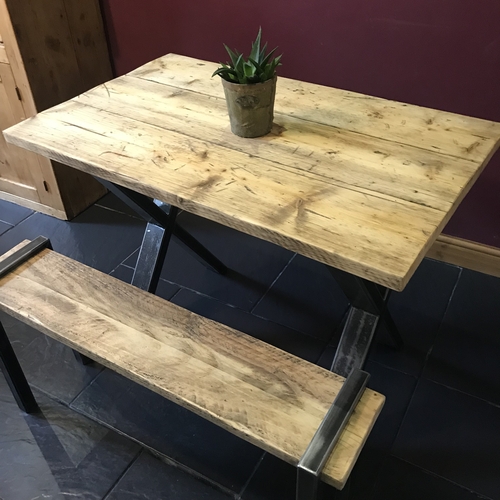 Small rustic cross leg kitchen table and matching bench