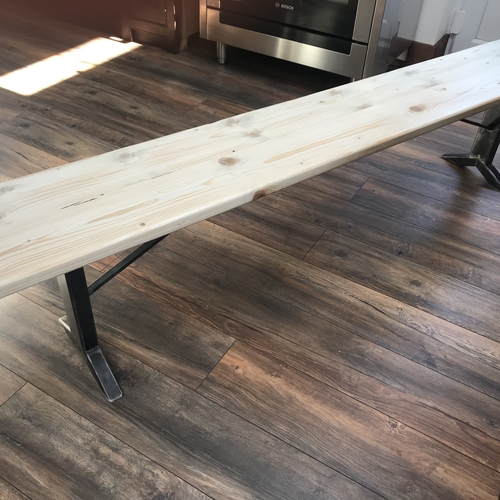 Long upcycled scaffold board kitchen bench with metal legs