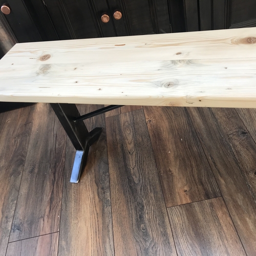 Long upcycled scaffold board kitchen bench with metal legs