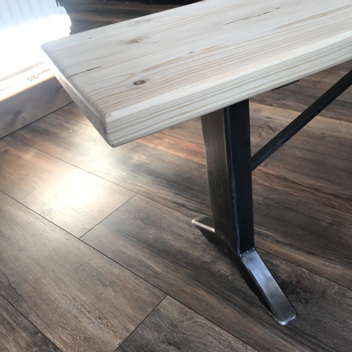 Long upcycled scaffold board kitchen bench with metal legs