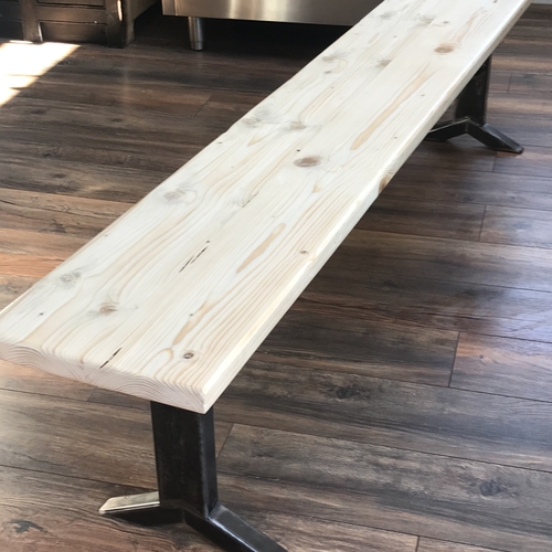 Long upcycled scaffold board kitchen bench with metal legs