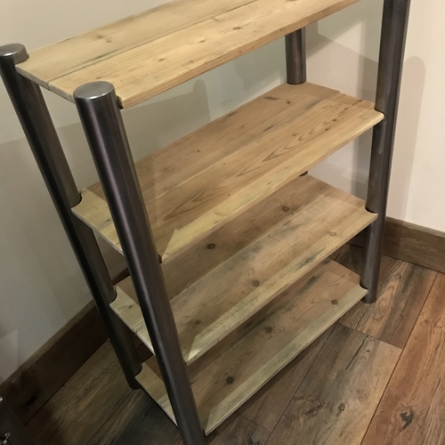 Reclaimed wood shelves with handcrafted metal tubular legs
