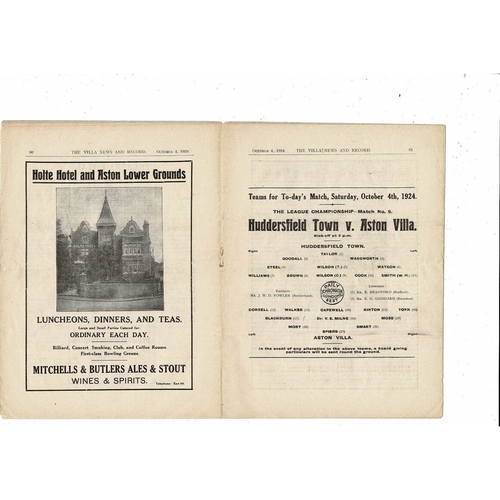 1924/25 Aston Villa v Huddersfield Town Football Programme