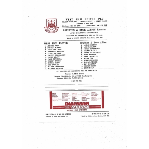 West Ham United v Brighton Football Combination Programme 1994/95