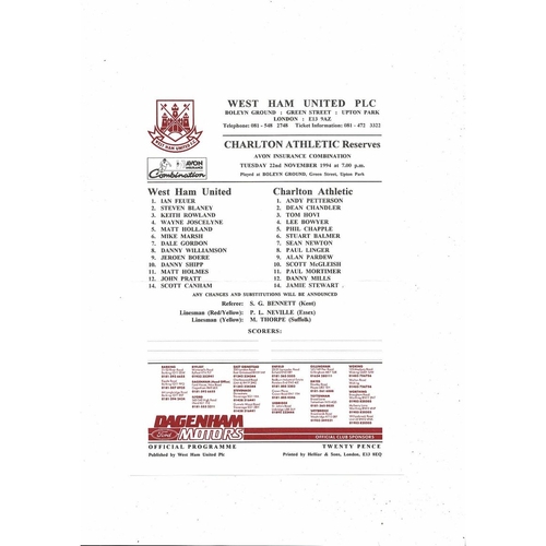 West Ham United v Charlton Athletic Football Combination Programme 1994/95