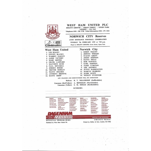 West Ham United v Norwich City Football Combination Programme 1994/95
