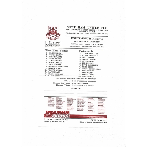 West Ham United v Portsmouth Football Combination Programme 1994/95