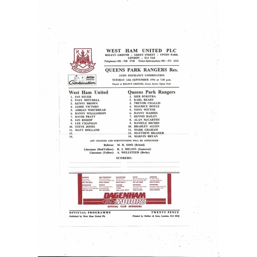 West Ham United v Queens Park Rangers Football Combination Programme 1994/95