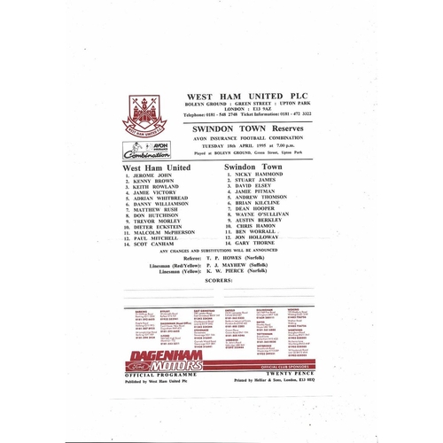 West Ham United v Swindon Town Football Combination Programme 1994/95