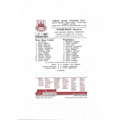 West Ham United v Wimbledon Football Combination Programme 1994/95
