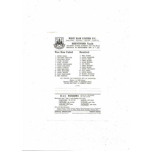West Ham United v Brentford Southern Junior Cup Football Programme 1991/92