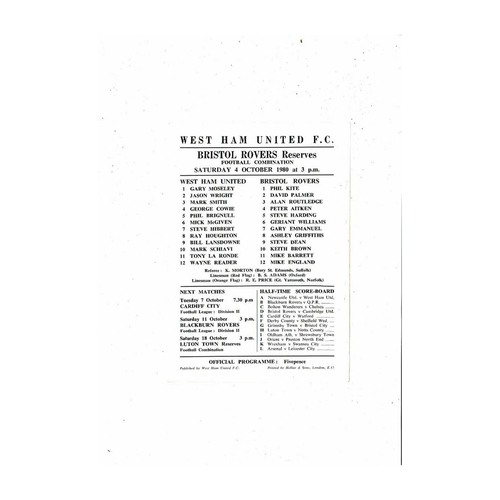 West Ham United v Bristol Rovers Football Combination Programme 1980/81