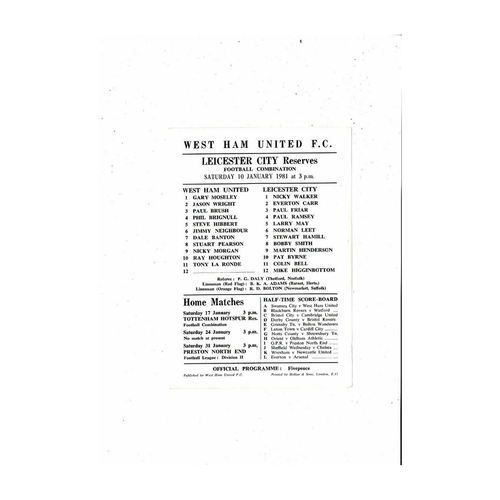 West Ham United v Leicester City Football Combination Programme 1980/81 Jan