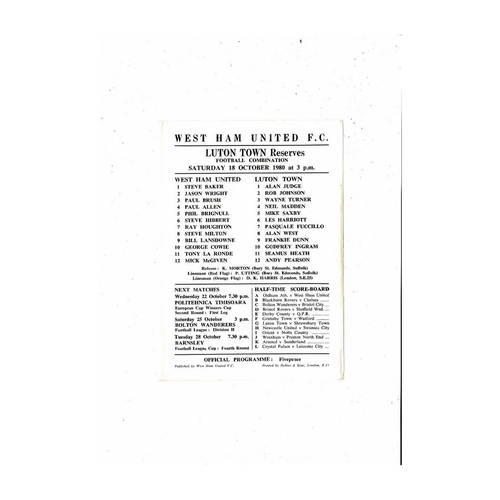 West Ham United v Luton Town Football Combination Programme 1980/81