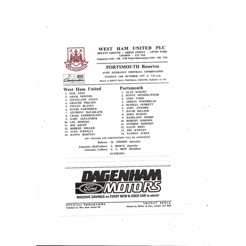 West Ham United v Portsmouth Football Combination Programme 1997/98
