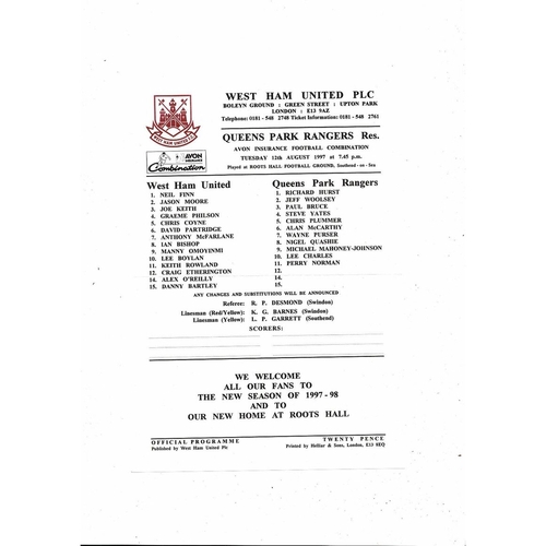 West Ham United v Queens Park Rangers Football Combination Programme 1997/98