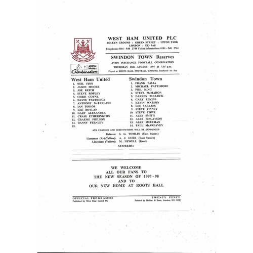 West Ham United v Swindon Town Football Combination Programme 1997/98