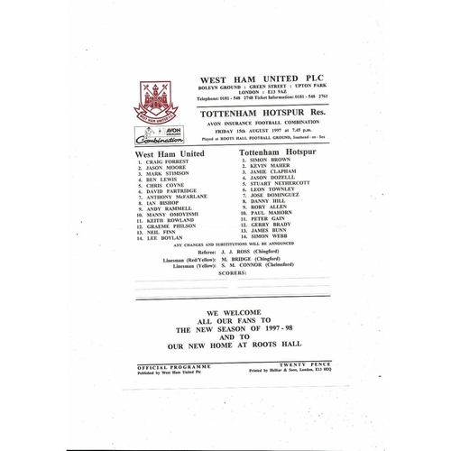 West Ham United v Tottenham Hotspur Football Combination Programme 1997/98