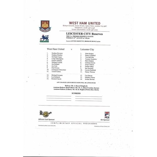 West Ham United v Leicester City Football Combination Programme 1999/00