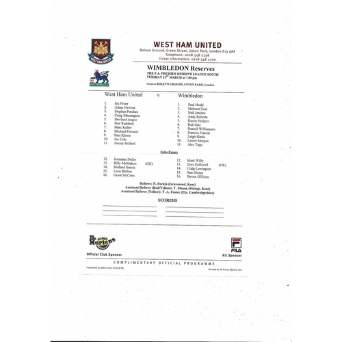 West Ham United v Wimbledon Football Combination Programme 1999/00