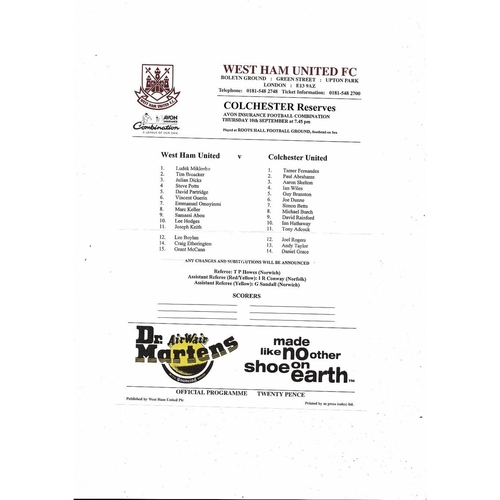 West Ham United v Colchester Football Combination Programme 1998/99
