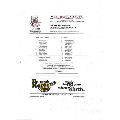 West Ham United v Reading Football Combination Programme 1998/99