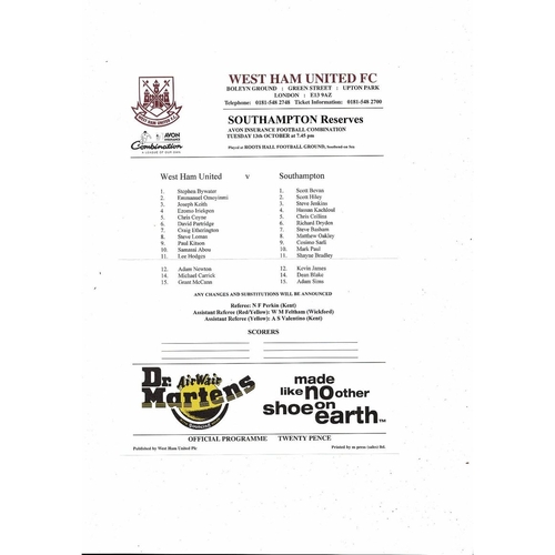 West Ham United v Southampton Football Combination Programme 1998/99