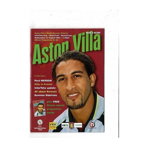 2001 Aston Villa v Stade Rennais InterToto Cup Semi Final Football Programme