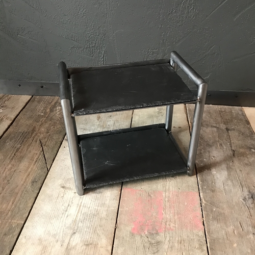 Small handcrafted table/counter top stand with two black slate shelves