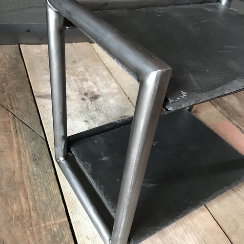 Small handcrafted table/counter top stand with two black slate shelves