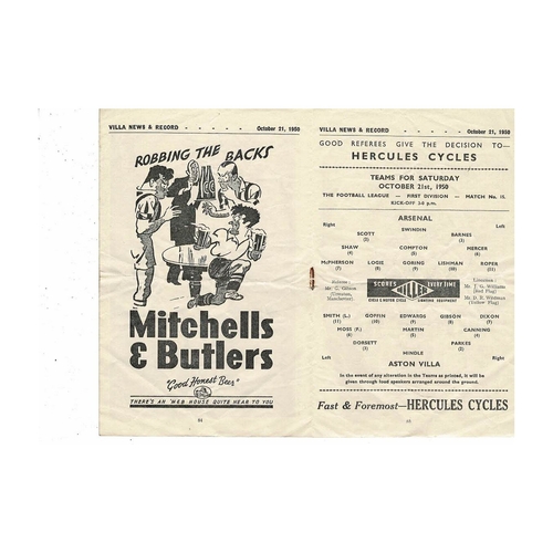 1950/51 Aston Villa v Arsenal Football Programme