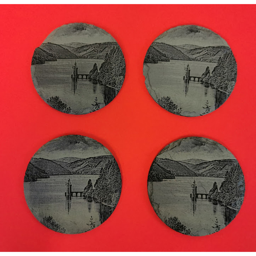 Slate coasters with a scene from Lake Vyrnwy Mid Wales engraved on them Set of 4